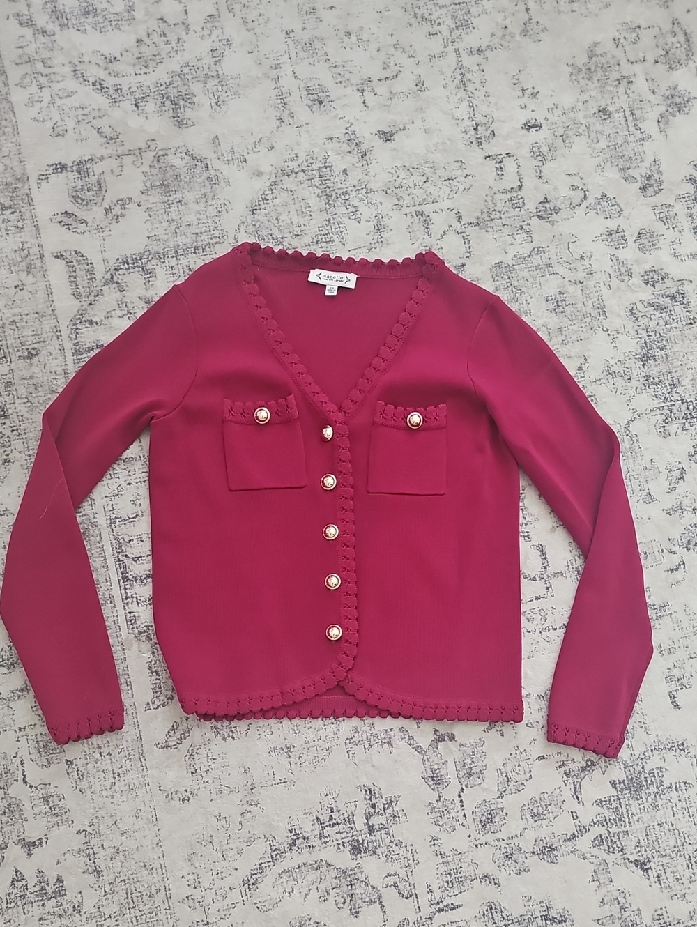 Nanette Lepore Burgundy Crochet-Trim Cardigan with Gold Buttons, NWOT, XS